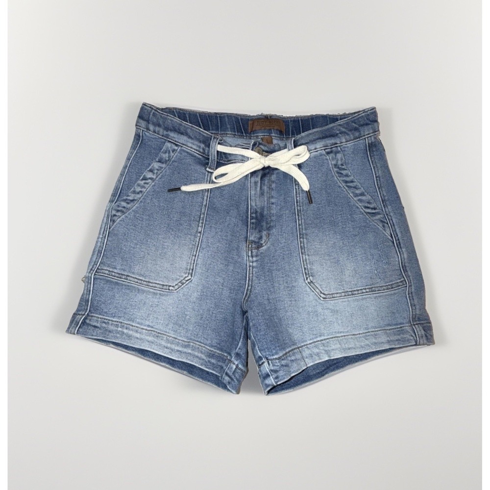 Judy Blue High Waist Vintage Wash Denim Shorts Size Large Drawstring Waist